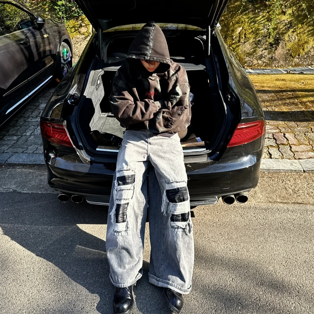 【官方正品】Undermycar 23SS泥染水洗做旧破坏刺绣帽衫