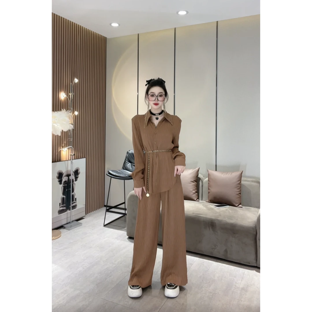 XQ8099【套装】时尚洋气高级感休闲套装女长袖衬衫上衣+裤子两件套