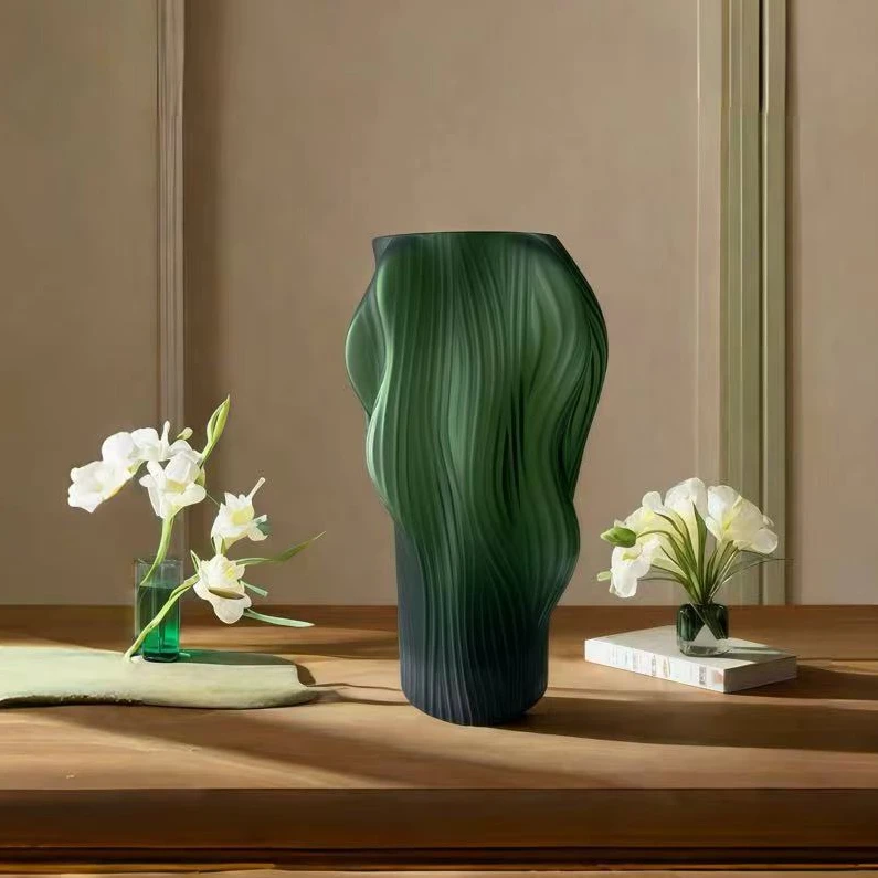 【雾霾绿树根花瓶30cm】蒙砂款雾霾绿树根玻璃花瓶高级感落地花瓶