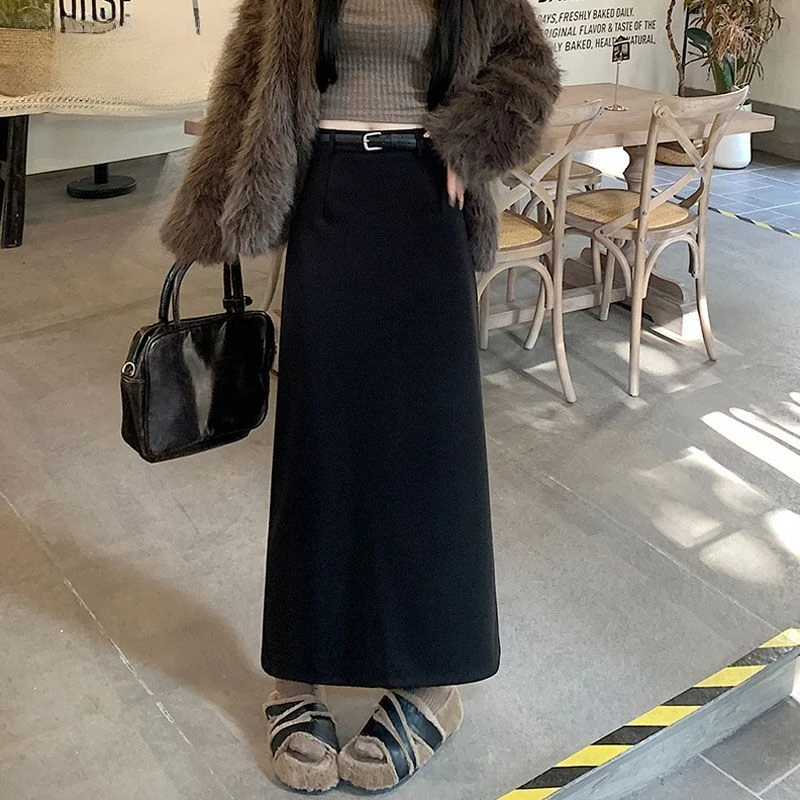 KALUOLAI/卡洛莱厚款毛呢半身裙女高腰长裙秋冬直筒包臀裙A字裙子