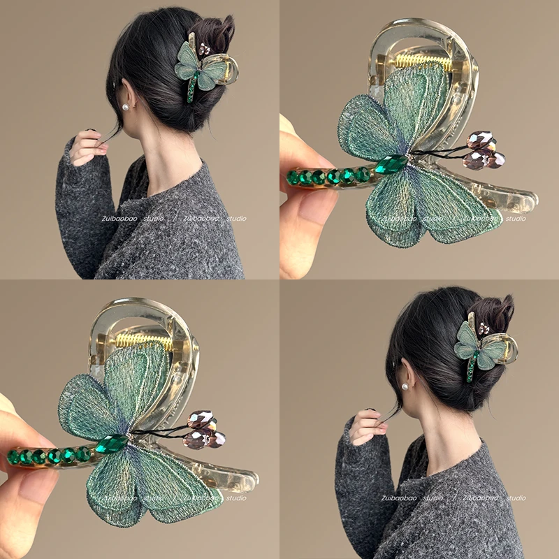 青荷蝶色~气质覆古风刺绣蝴蝶抓夹后脑勺半扎鲨鱼蝴蝶结珍珠抓夹