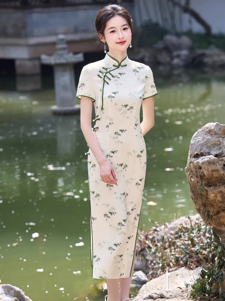 82297-绿色高级旗袍夏季新款女气质双层复古年轻日常修身显瘦长款