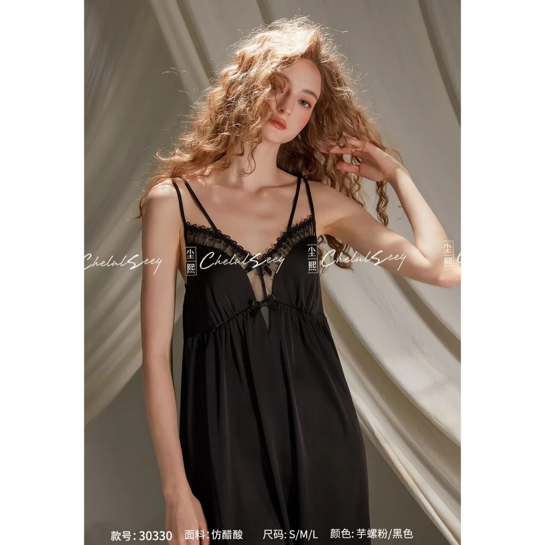 尘熙夏季黑色纯欲冰雪软丝吊带睡裙蕾丝睡裙
