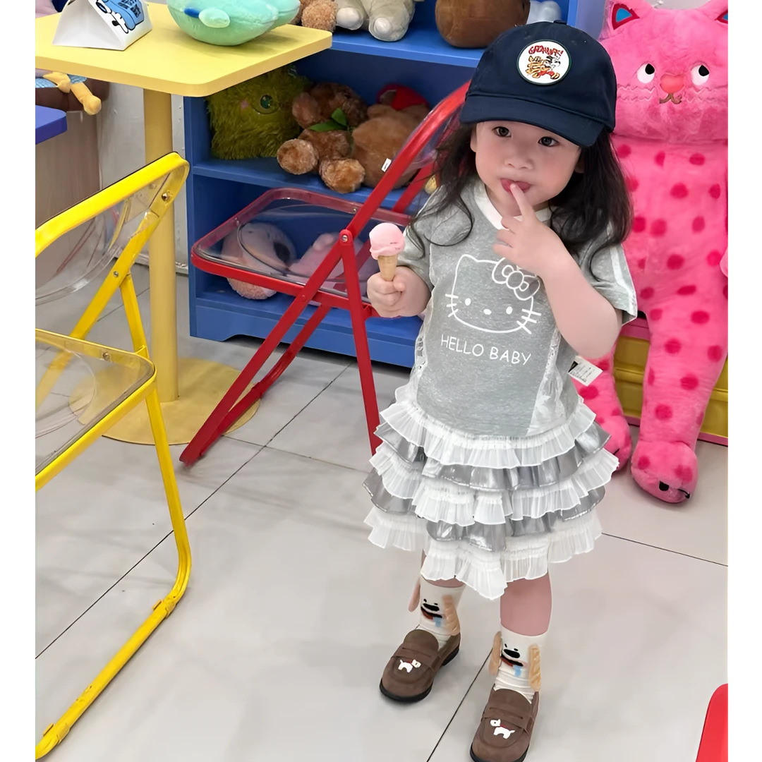 小惜亦女童2025夏季新款韩版重工灰色KT猫花边上衣蛋糕裙两件套
