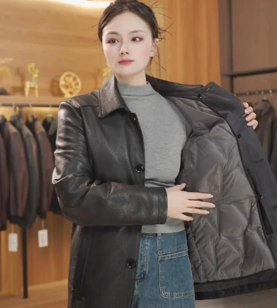 100%头层山羊皮-新款海宁中长款翻领真皮皮衣男士休闲外套