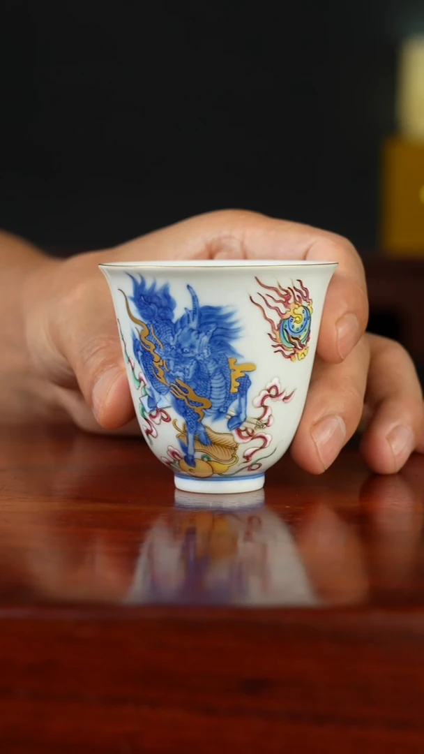 祖传窑真柴窑传承400年描金麒麟花神杯