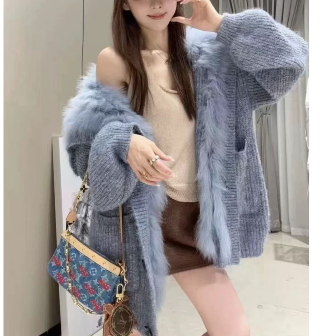 2025秋冬狐狸毛针织羊驼毛保暖外套韩系慵懒时尚外套女