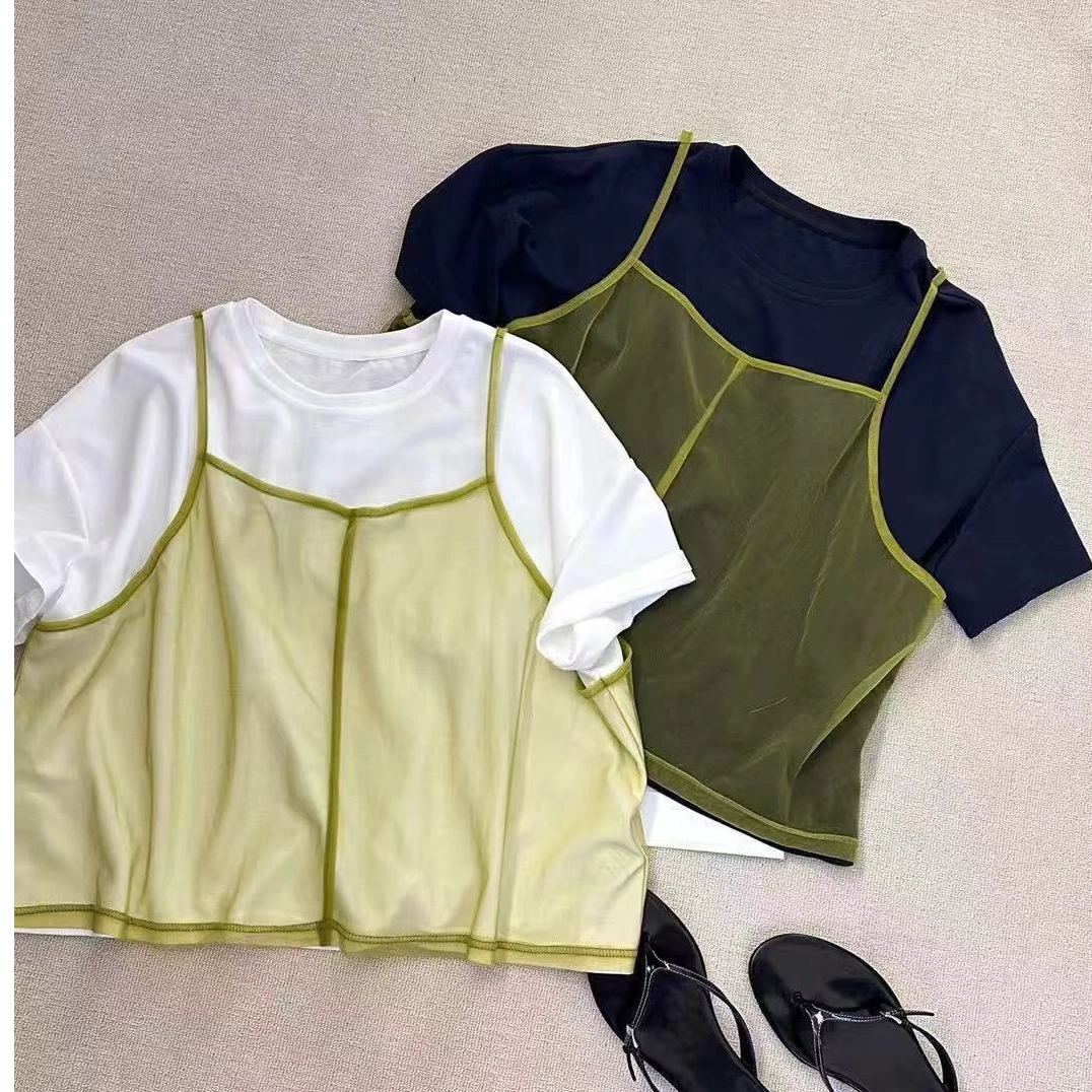 【摩姐姐欧韩】82177夏款韩版网纱背心假两件短袖