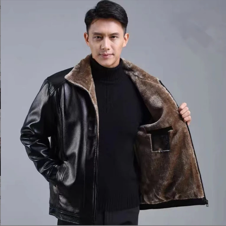 中老年爸爸款皮毛一体加绒加厚皮夹克外套