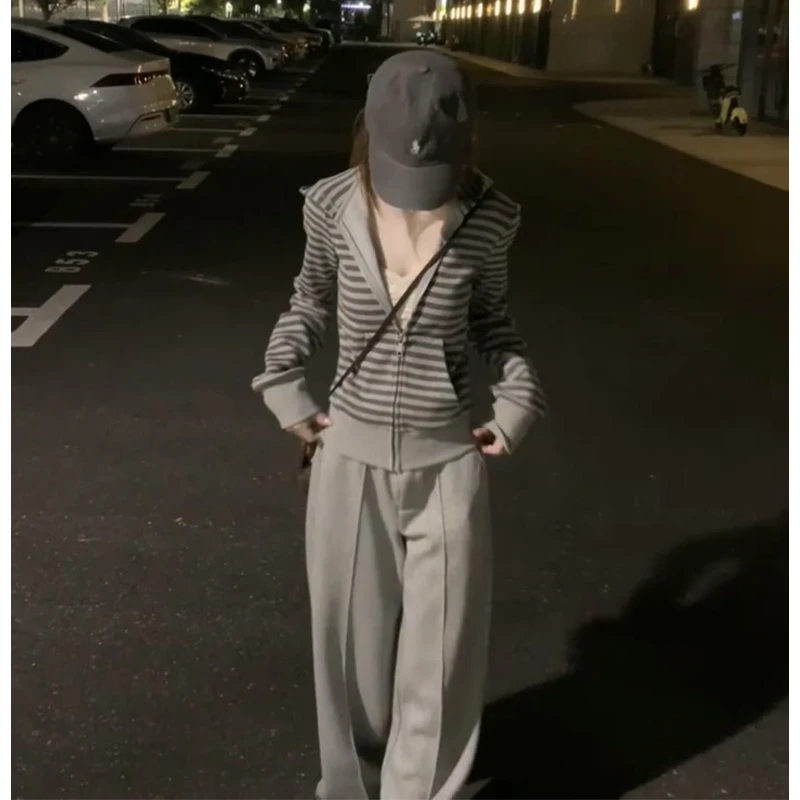 2025秋季新款韩系穿搭长袖条纹拉链外套上衣百搭高腰显瘦阔腿长裤