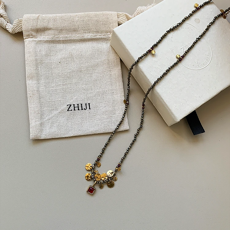 钛钢吊坠 ZHiji 法国设计师款 黄铁矿多吊坠复古手工串珠长项链