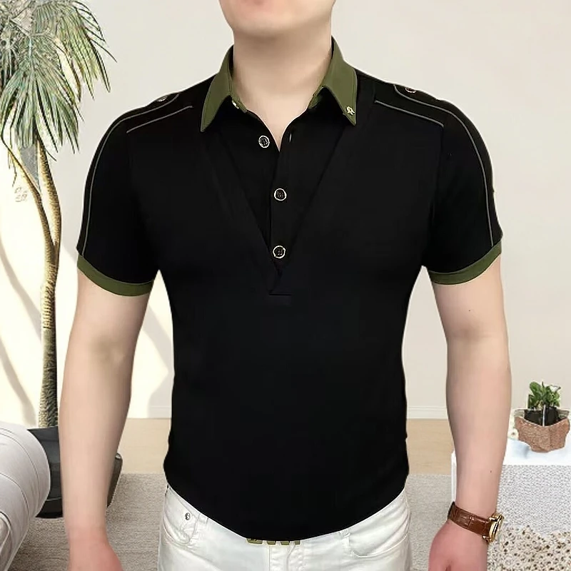 Polo衫修身薄款假两件短袖T恤男夏季新款轻奢高品质半袖翻领上衣