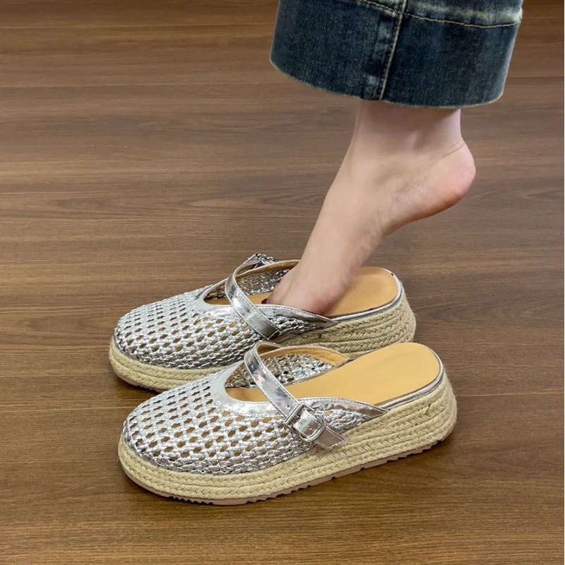 Manobellen 4.5cm/草编厚底松糕凉拖鞋女鞋外穿夏季编织镂空半拖