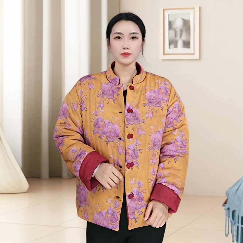 11880-新中式双面穿复古文艺风盘扣棉衣冬新款棉服妈妈装 依恋秀