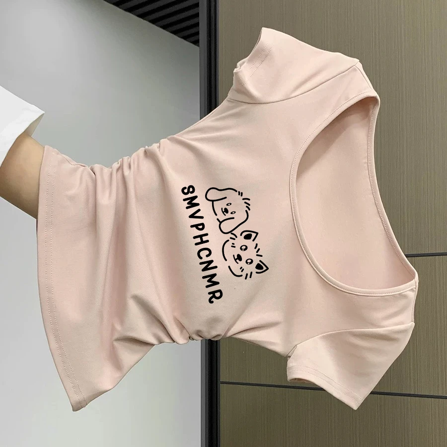 夏季新款褶皱收腰独特设计短款上衣纯欲甜辣妹性感大U领短袖T恤女