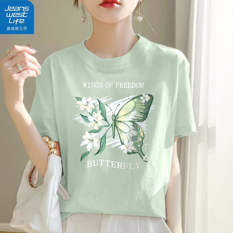 真维斯无界夏季纯棉舒适透气宽松圆领上衣高颜值印花款欧若风短袖