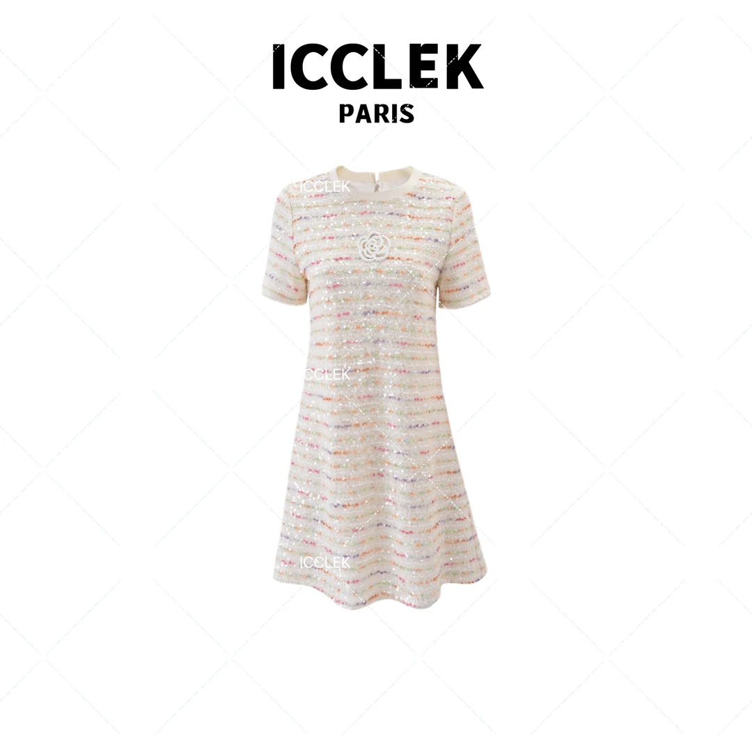 ICCLEK 彩虹色圆领短袖连衣裙小香风亮片轻奢减龄百搭连衣裙-1308