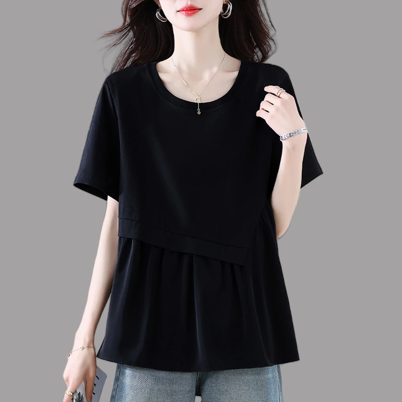 黑色短袖雪纺衫女夏季2025新款时尚宽松遮肚收腰显瘦洋气百搭上衣