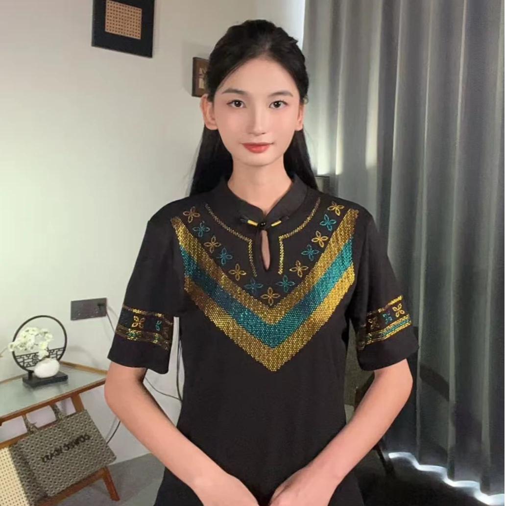 【锦绣烫钻】新中式国风旗袍领爆款烫钻重工艺短袖打底衫女3121