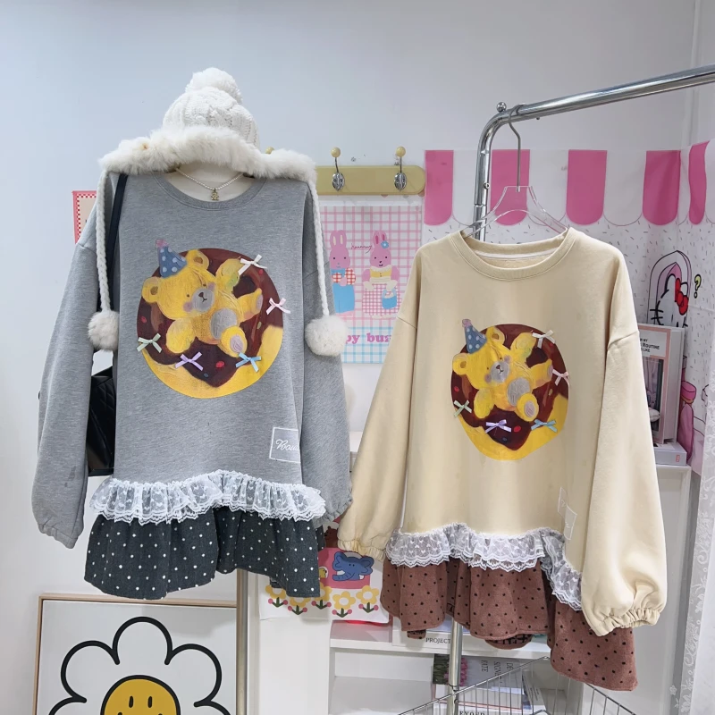 【钱呼呼】2025秋冬新款韩系可爱波点花边裙摆拼接设计加绒卫衣裙