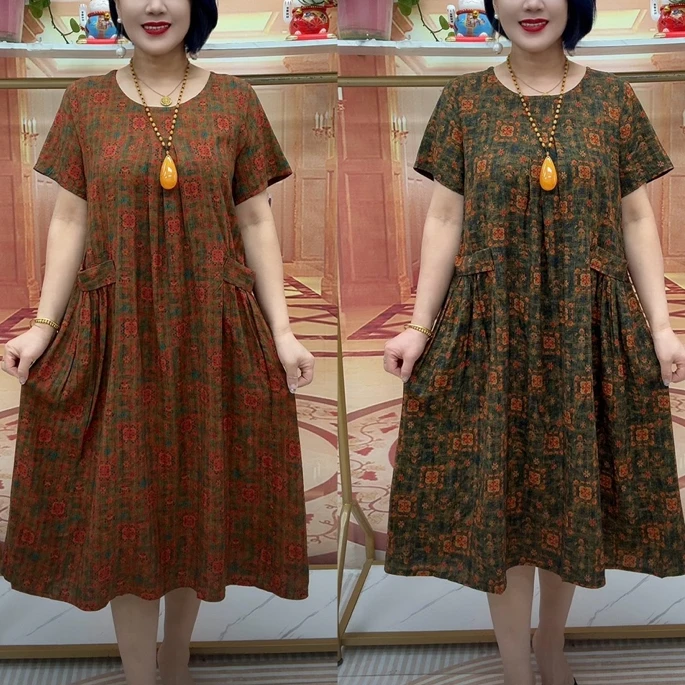 碎花短袖女装宽松洋气夏季遮肚连衣裙中老年高档遮肉圆领减龄裙子