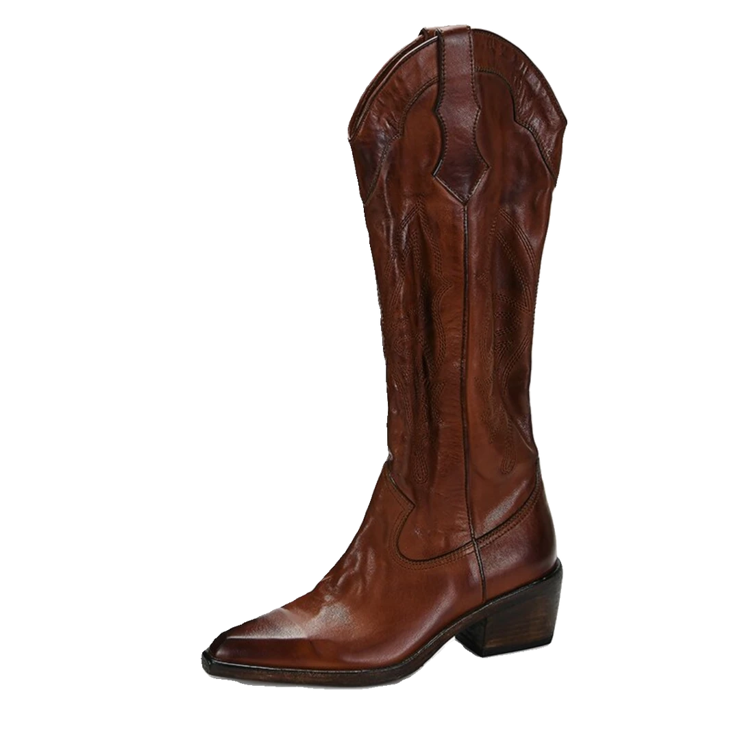 高端新款水洗马皮复古V口西部靴棕色刺绣长靴侧拉链高跟骑士靴女