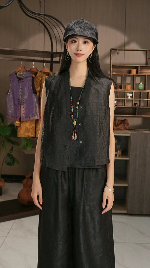 【开心家】桑蚕丝新中式青果领原龟双面穿马甲香云纱新中式