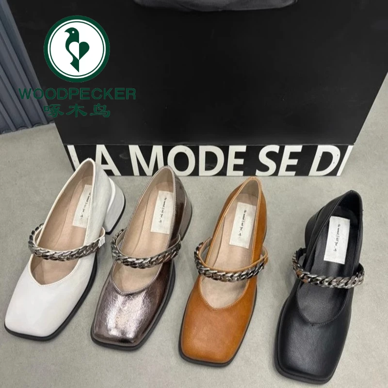 啄木鸟2025年春新款链条时尚百搭网红爆款软底方头粗跟玛丽珍女鞋