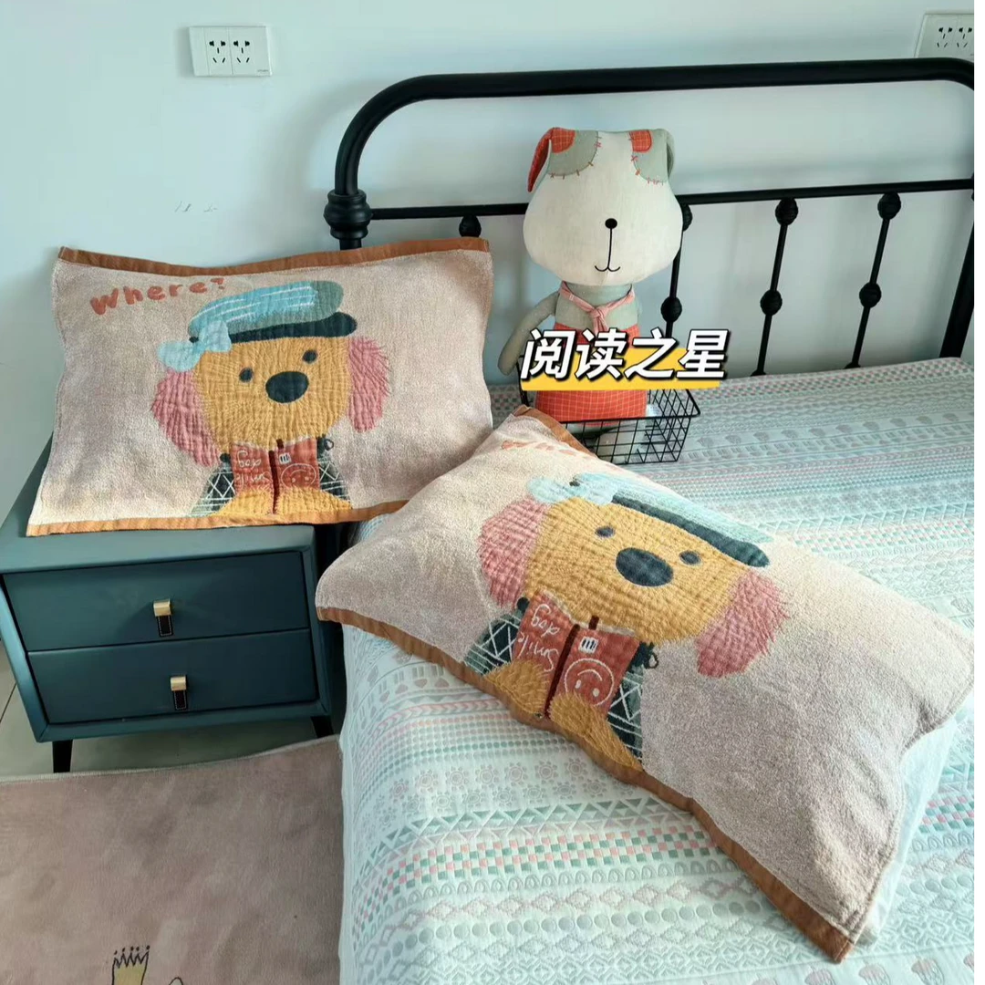 四层纱布纯棉枕巾AB面渐变色织提花家用枕巾舒适吸汗透气枕头巾