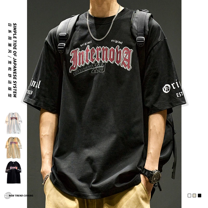 夏季t恤男美式复古潮牌ins字母印花体恤男生宽松圆领重磅纯棉短袖