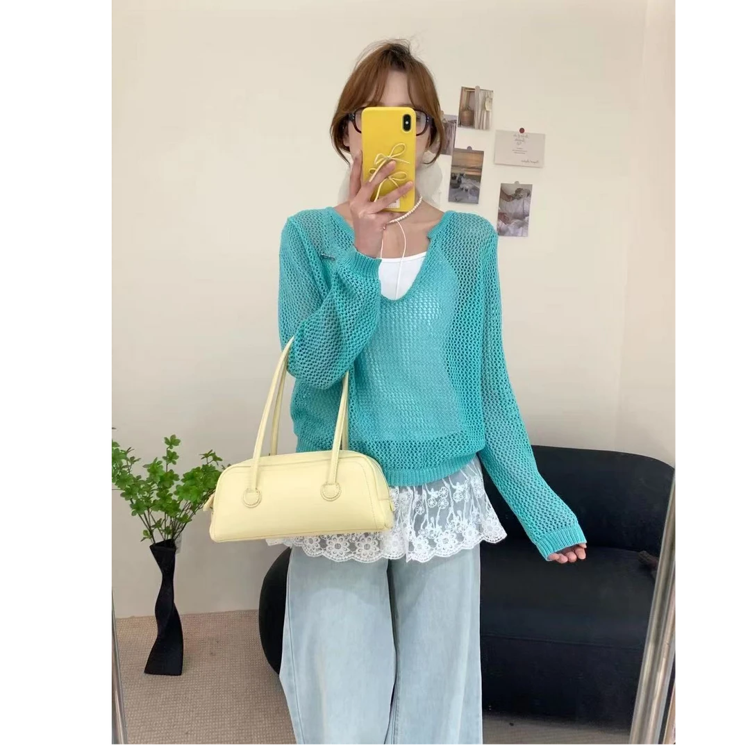 2025夏装新款V领宽松显瘦薄款防晒长袖针织罩衫纯色休闲上衣女