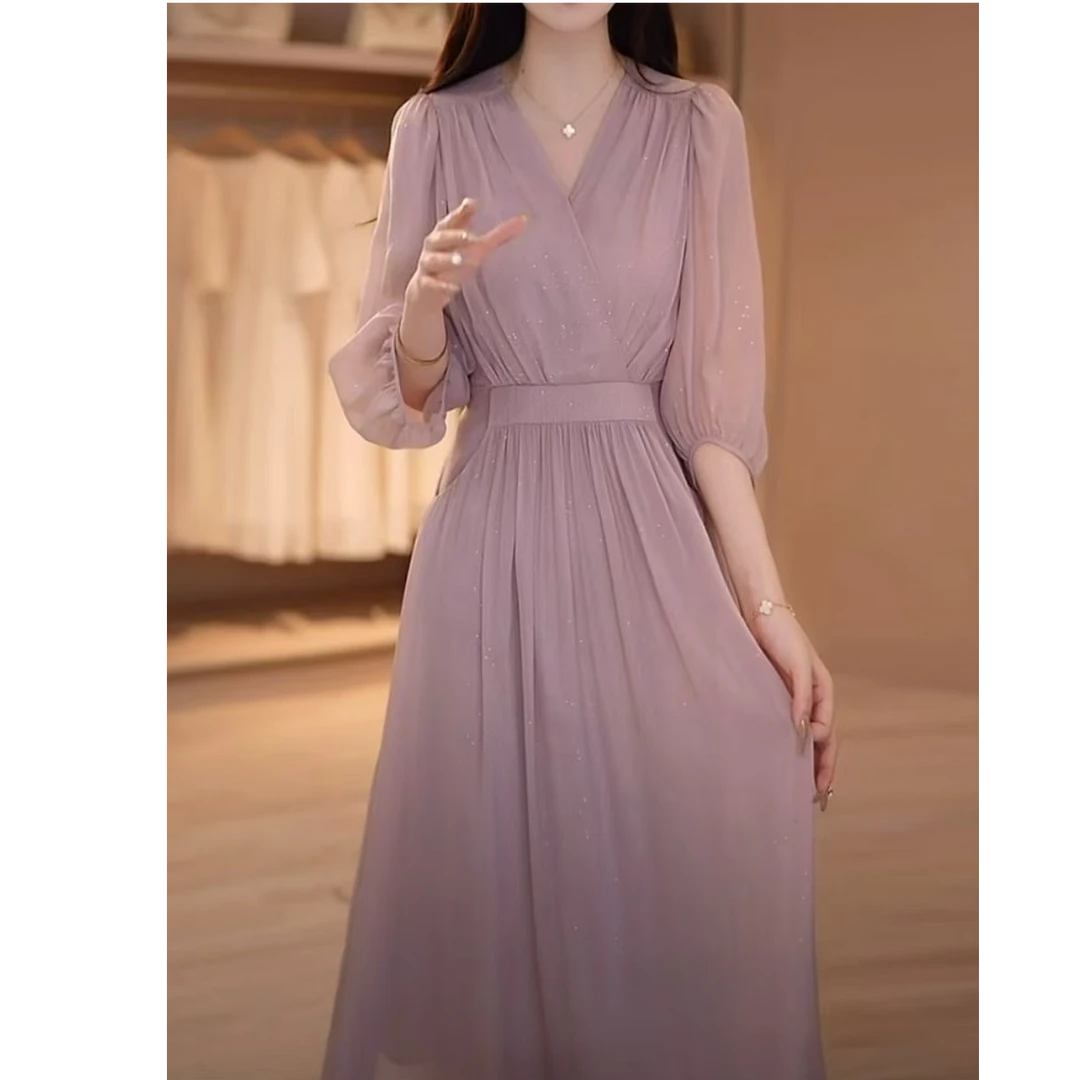 桑蚕丝轻奢时尚V领连衣裙2025夏季新款宽松显瘦收腰气质长裙A523