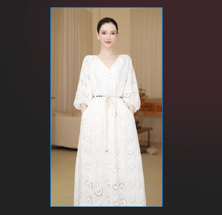 沐慕MUMU  雅俗共赏高雅气质时尚镂空V领长款连衣裙女TB-02-049