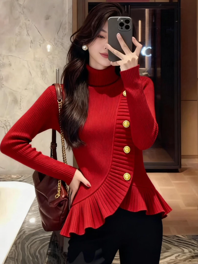 韩系氛围感早秋穿搭独特漂亮洋气减龄红色立领荷叶边掐腰针织衫女