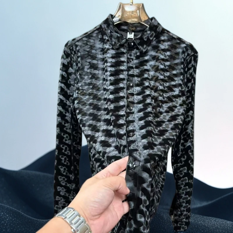 轻奢金丝绒翻领衬衣男士时尚百搭长袖衬衫