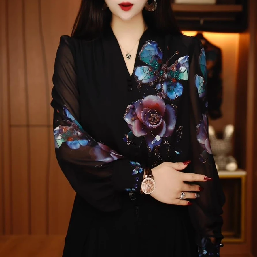 Y250058-春新款琉璃双皱丝时尚洋气百搭显瘦休闲气质印花国风小衫