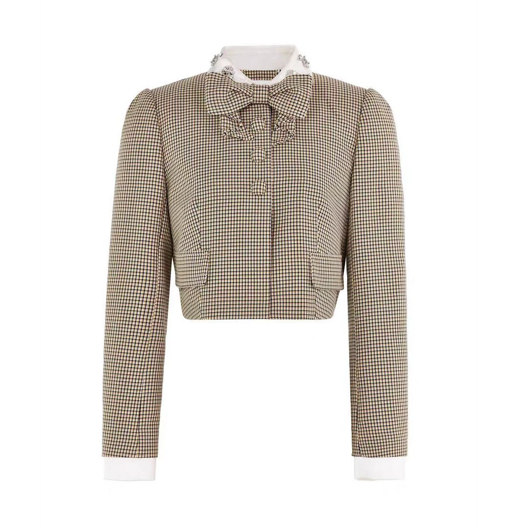 LeFame/拉飞姆2025秋季格纹蝴蝶结短外套小上衣女LF25Q21SC126
