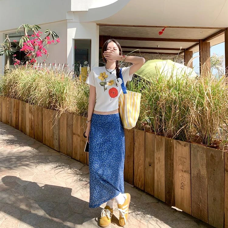 小清新蓝色碎花半身裙女夏季新款时尚高腰显瘦开叉包臀长裙