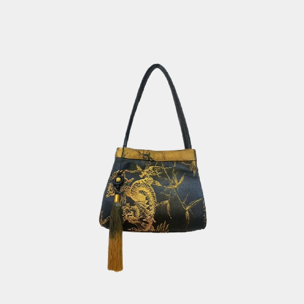 （颜色随机发）2025新款国潮风刺绣流苏骰子包托特包0959刺绣黑01