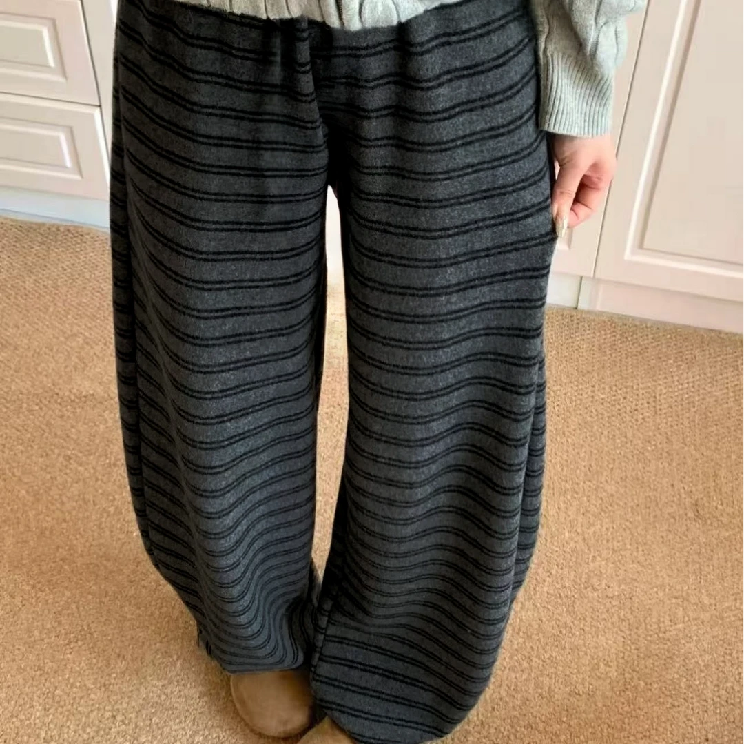 Manmi   松紧腰双面绒条纹阔腿裤  2621（A3）