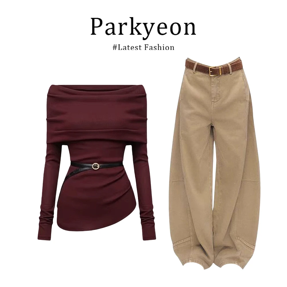 MARIE.COCO纯欲风紫色辣妹风一字肩针织衫卡其色休闲牛仔裤两件套