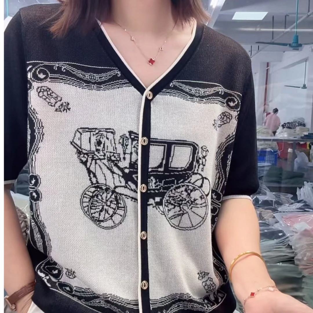 90-200斤100莱赛尔天丝复古老爷车提花假开衫短袖显瘦百搭上衣夏