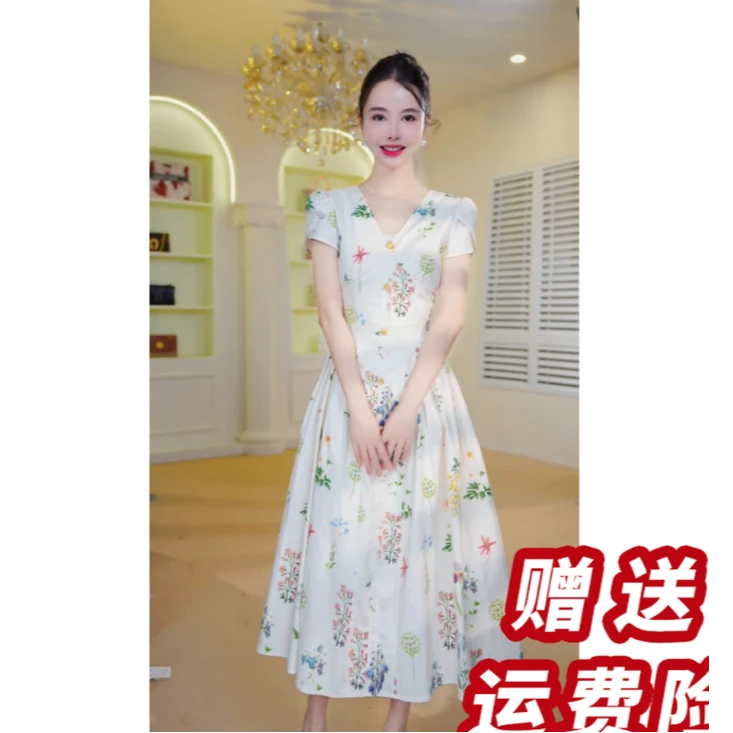 【赠送运费险】 白色复古短袖连衣裙御姐风高端宴会礼服裙子A36203