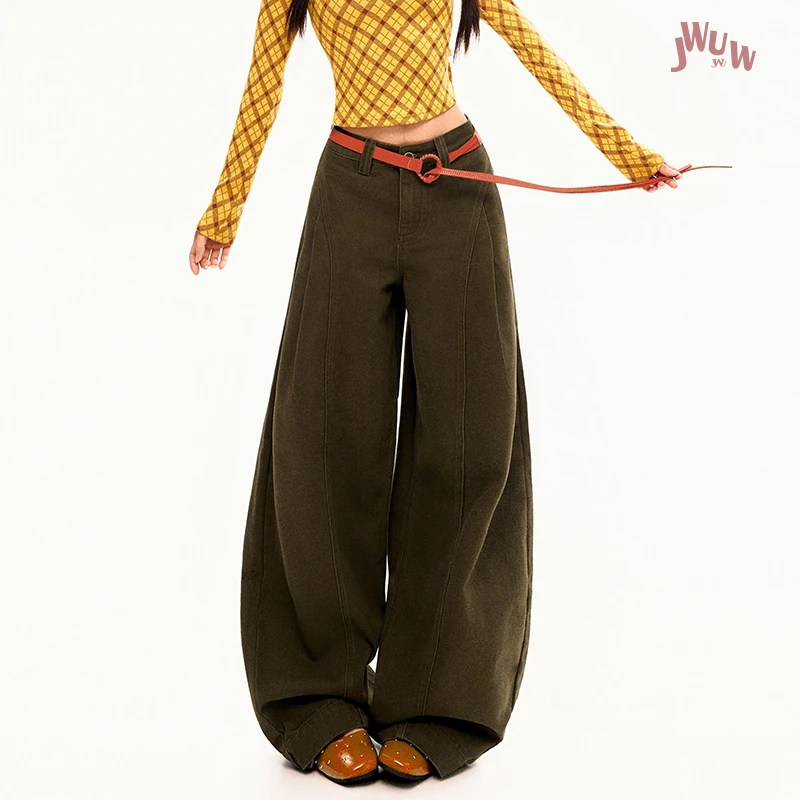 JWUW秋季美式复古高级感高腰褶皱弯刀牛仔裤女宽松垂感拖地阔腿裤