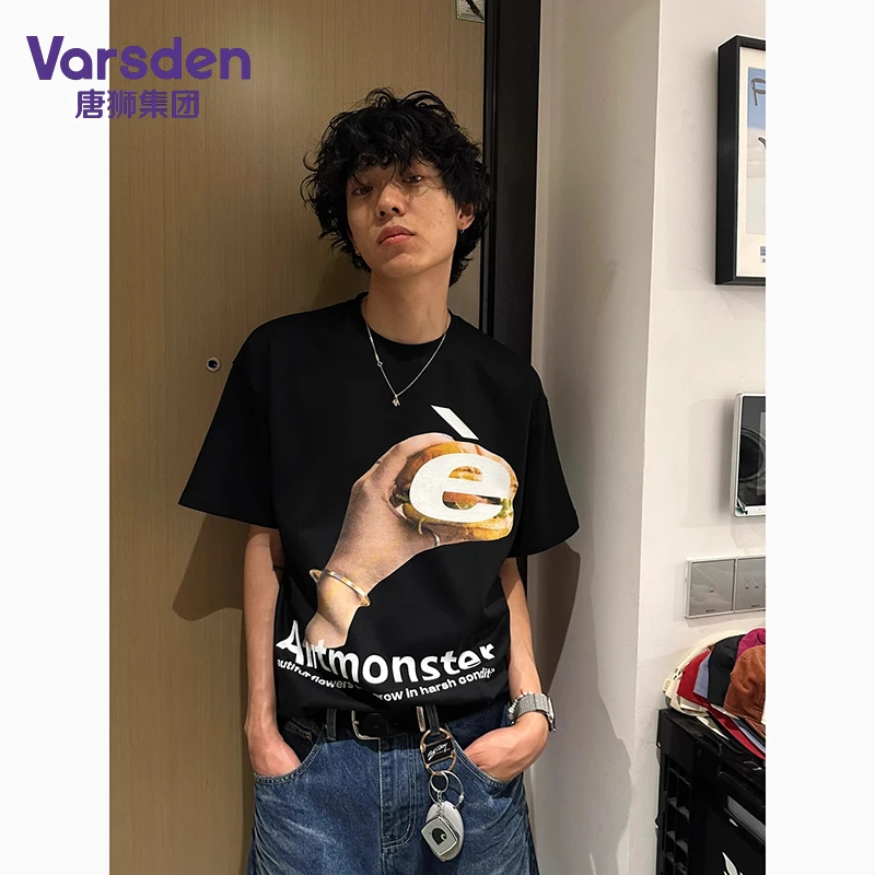 唐狮集团Varsden美式复古趣味字母汉堡纯棉短袖T恤男25夏季新款