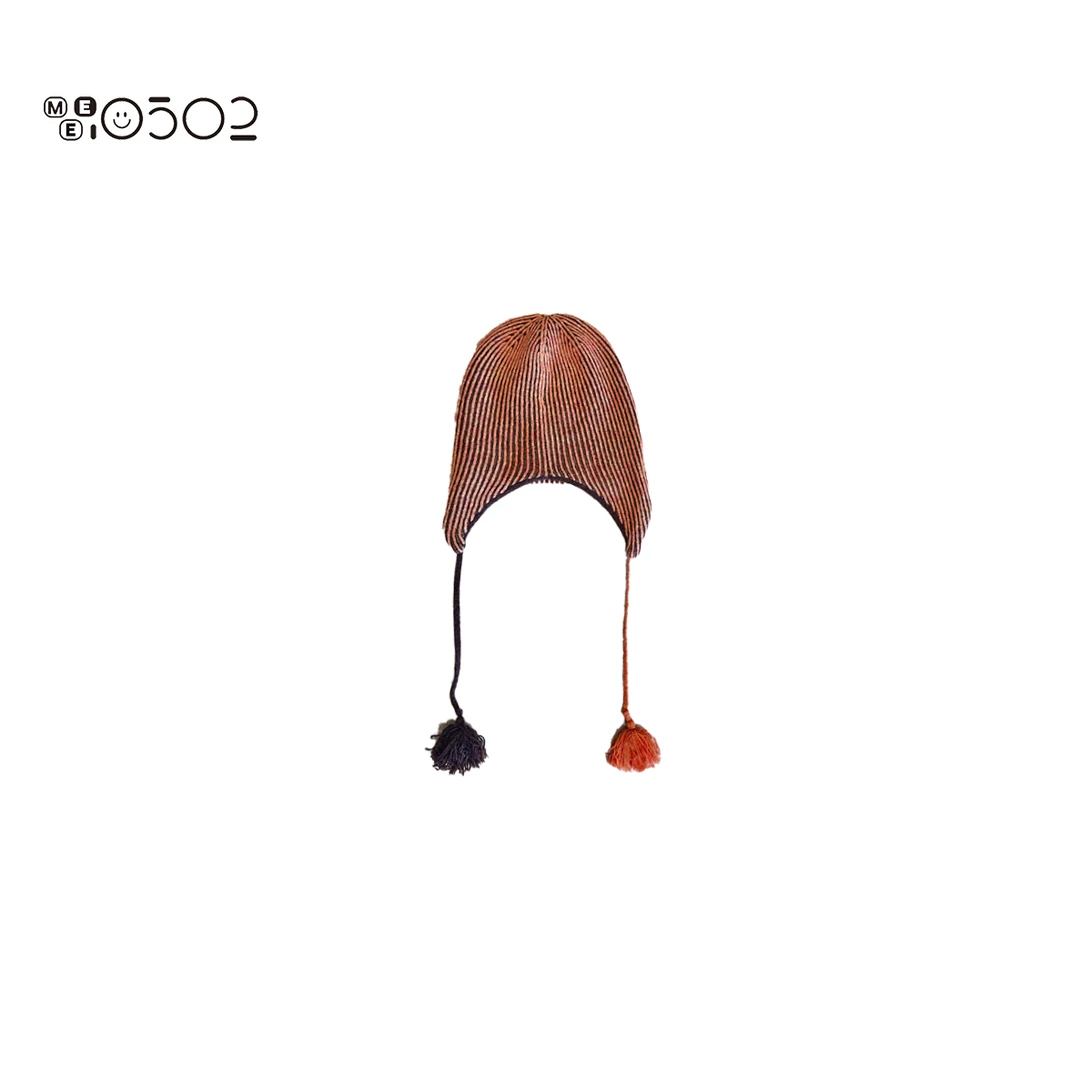 MEI0502 100羊毛橙条纹毛球冬冷帽  201347
