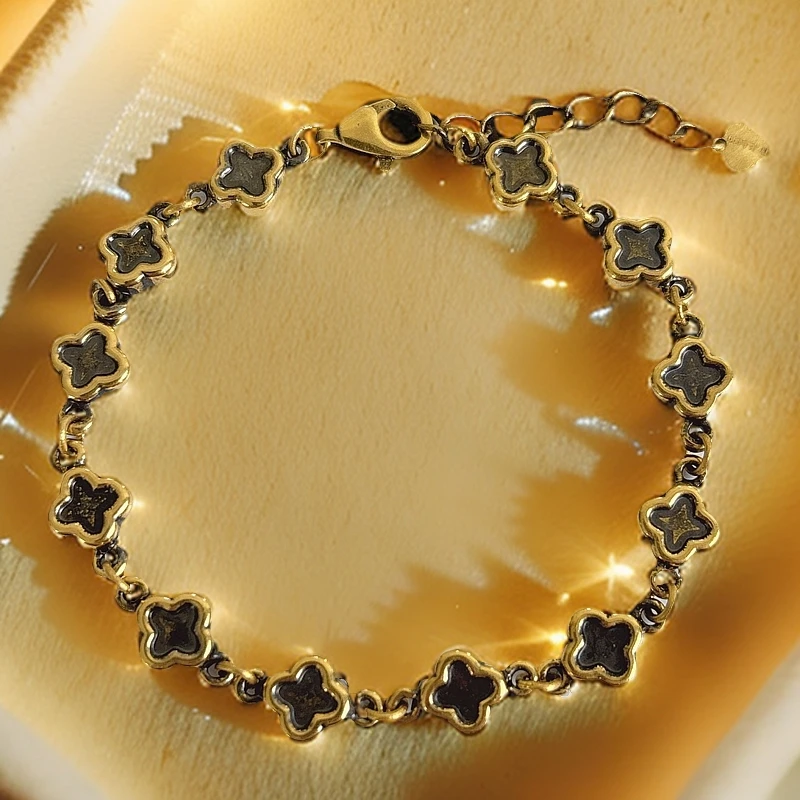 水贝千玺珠宝 四叶草手链足金999手链黄金复古电黑工艺5D精品黑金