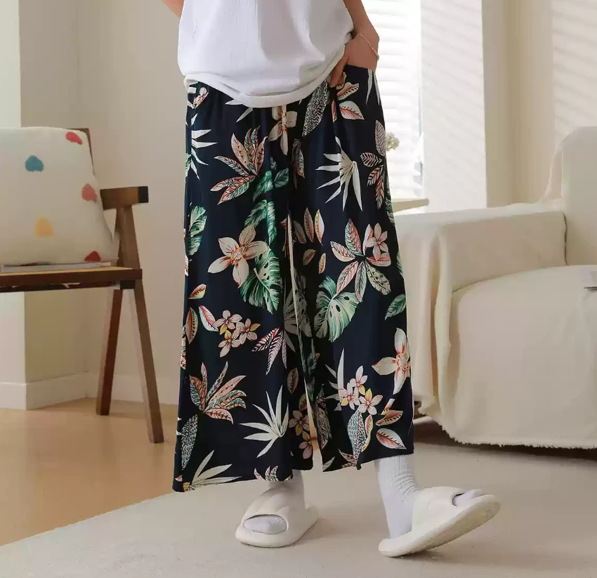 韩版印花长裤夏季绵绸睡裤子人造棉家居裤休闲裤(均码150斤以内)