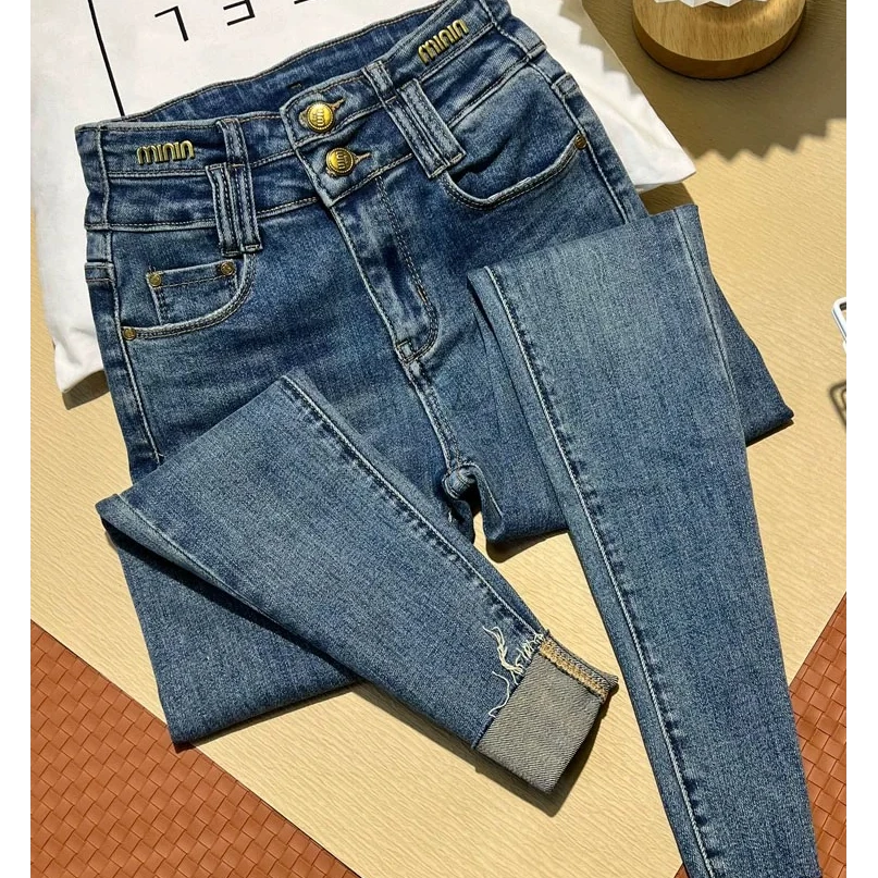 整款九分牛仔蓝高腰牛仔裤女春季新款紧身显瘦显高小脚铅笔裤潮