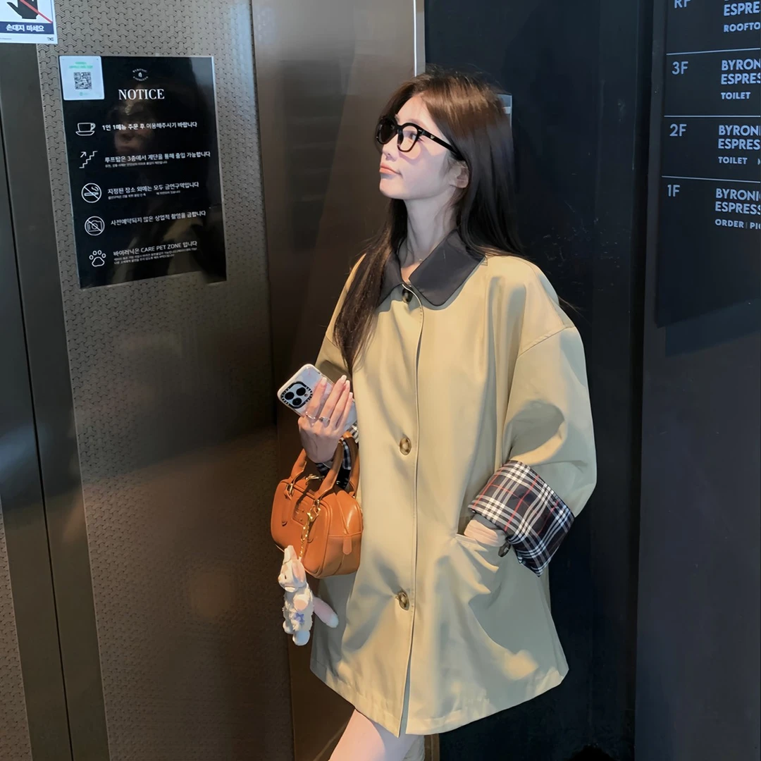 早秋新款卡其色短款风衣拼接宽松日系翻领小个子外套高级感F499